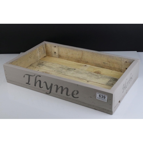 639 - Rustic Wooden Painted Herb / Seed Box marked Thyme and Herbs, 47cms long