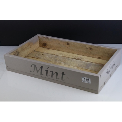 640 - Rustic Wooden Painted Herb / Seed Box marked Mint and Herbs, 47cms long