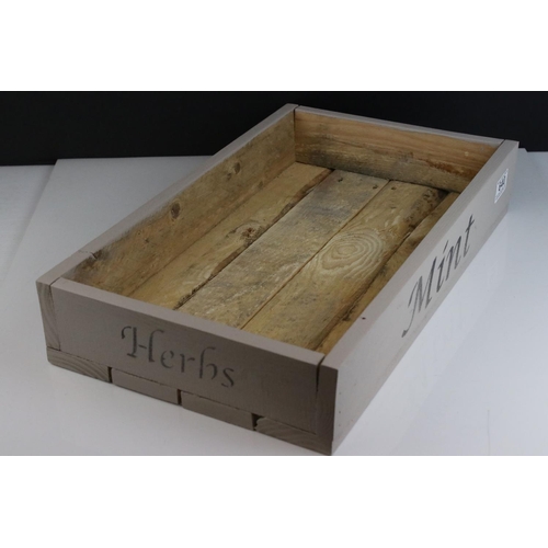 640 - Rustic Wooden Painted Herb / Seed Box marked Mint and Herbs, 47cms long