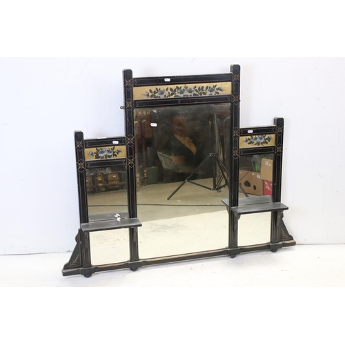 644 - Victorian Aesthetic Movement Ebonised Overmantle Mirror, 119cms wide x 94cms high