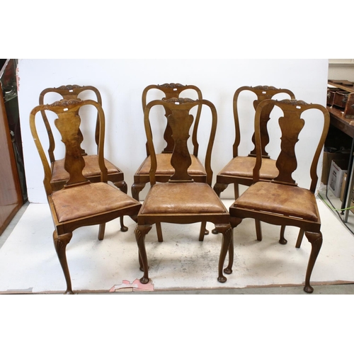 648 - Set of Six Early 20th century Queen Anne style Walnut Dining Chairs with faux leather upholstered dr... 