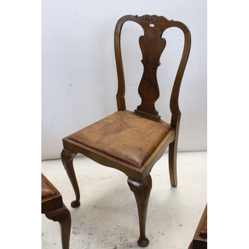 648 - Set of Six Early 20th century Queen Anne style Walnut Dining Chairs with faux leather upholstered dr... 