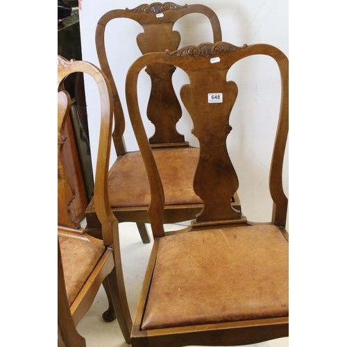 648 - Set of Six Early 20th century Queen Anne style Walnut Dining Chairs with faux leather upholstered dr... 