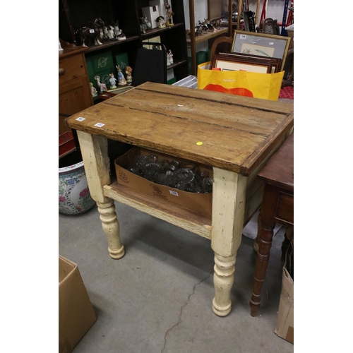 650 - Vintage Industrial type Pine Work Table with heavy top and pot shelf beneath