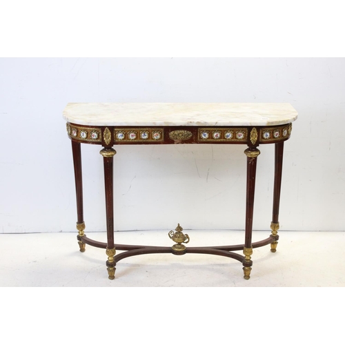 653 - French Marble Top Console Table, the base inlaid with panels of Kingwood with gilt metal mounts and ... 