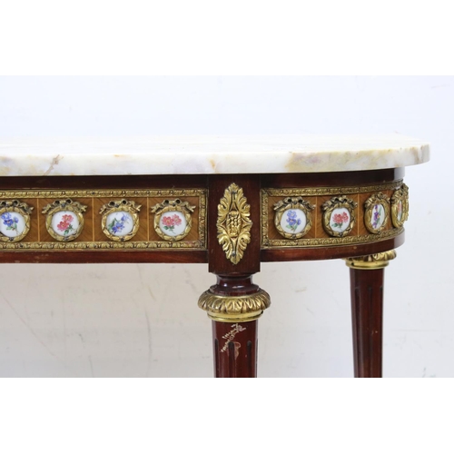 653 - French Marble Top Console Table, the base inlaid with panels of Kingwood with gilt metal mounts and ... 