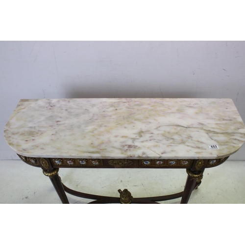 653 - French Marble Top Console Table, the base inlaid with panels of Kingwood with gilt metal mounts and ... 