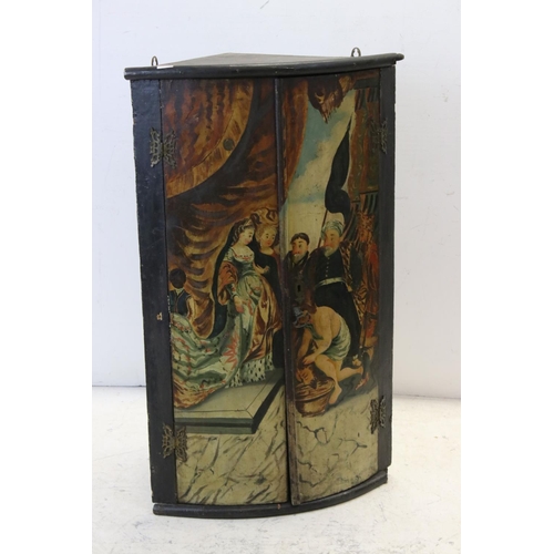 664 - 19th century Bow Fronted Hanging Corner Cabinet, the two panel doors hand painted with a scene of a ... 