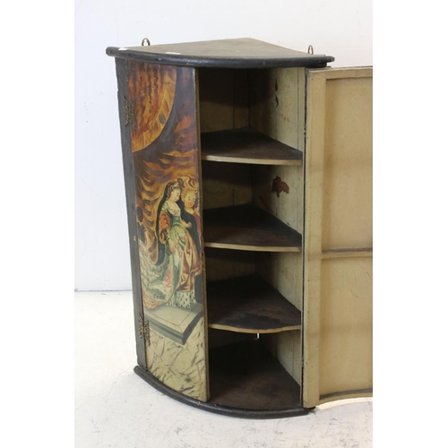 664 - 19th century Bow Fronted Hanging Corner Cabinet, the two panel doors hand painted with a scene of a ... 