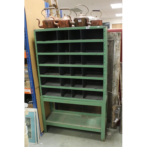 668 - Retro Mid 20th century Green Metal Pigeon Hole Tool Cabinet, with twenty four sections, raised on a ... 