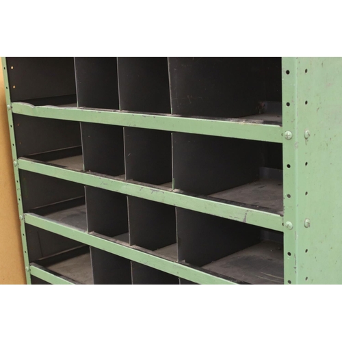 668 - Retro Mid 20th century Green Metal Pigeon Hole Tool Cabinet, with twenty four sections, raised on a ... 