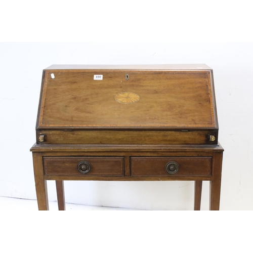 690 - Edwardian Inlaid Mahogany Bureau, the fall front with fitted interior, over two drawers and raised o... 