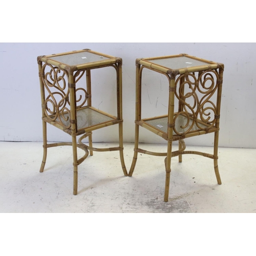 697 - Pair of bamboo and glass bedside tables, each 40cms wide x 74cms high