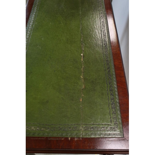 706 - Victorian mahogany writing table with two drawers, turned legs and castors, approx 117cm wide