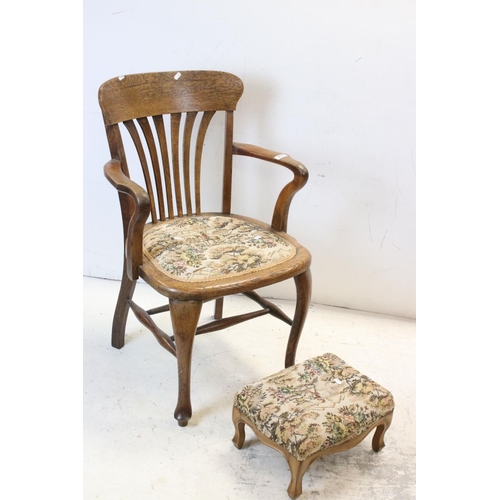 715 - Early 20th century Oak Elbow Chair together with a small Upholstered Footstool