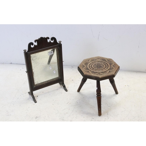 719 - George III Mahogany Swing Mirror, 47cms high together with Three Legged Stool with Carved Top