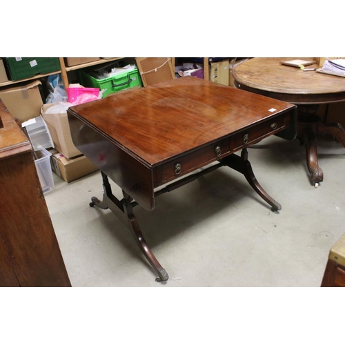 737 - Regency mahogany and boxwood strung sofa table, circa 1820, the rectangular top above two frieze dra... 