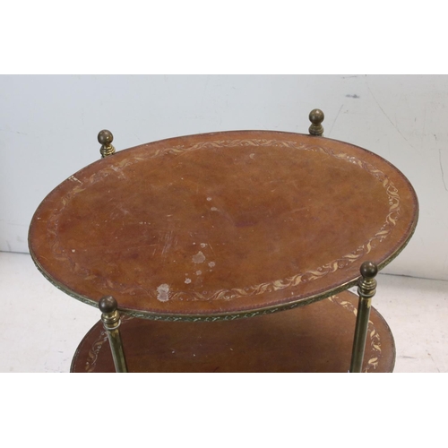 750 - Brass Oval Two Tier Leather Topped Oval Table, 54cms wide x 76cms high