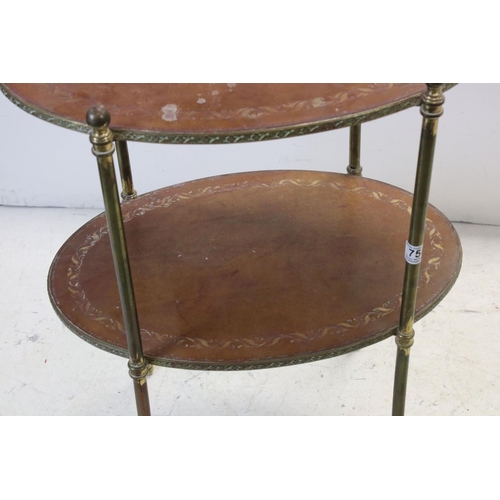 750 - Brass Oval Two Tier Leather Topped Oval Table, 54cms wide x 76cms high