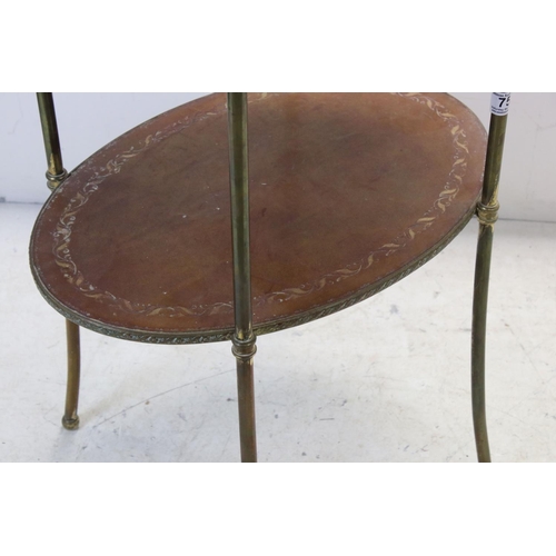 750 - Brass Oval Two Tier Leather Topped Oval Table, 54cms wide x 76cms high