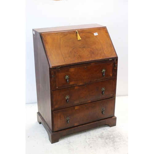 755 - 20th century Walnut Bureau with Three Long Drawers, 69cms wide