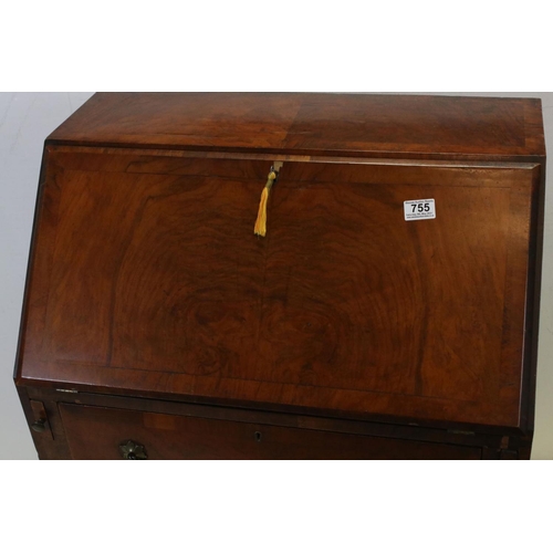 755 - 20th century Walnut Bureau with Three Long Drawers, 69cms wide