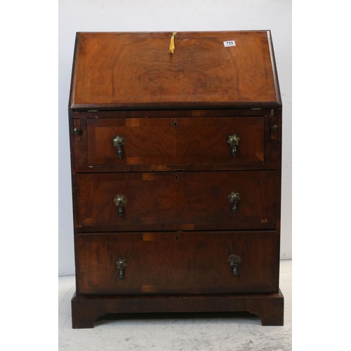 755 - 20th century Walnut Bureau with Three Long Drawers, 69cms wide