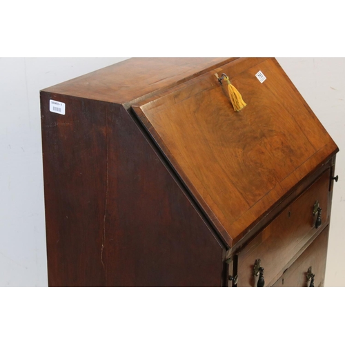 755 - 20th century Walnut Bureau with Three Long Drawers, 69cms wide