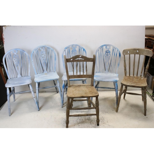 759 - Set of Four Blue Painted Wheel Back Dining Chairs together with Two 19th century Kitchen Chairs