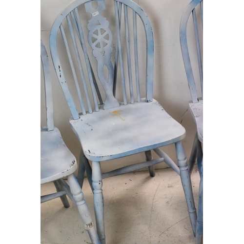 759 - Set of Four Blue Painted Wheel Back Dining Chairs together with Two 19th century Kitchen Chairs