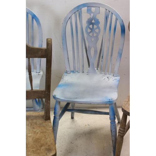 759 - Set of Four Blue Painted Wheel Back Dining Chairs together with Two 19th century Kitchen Chairs