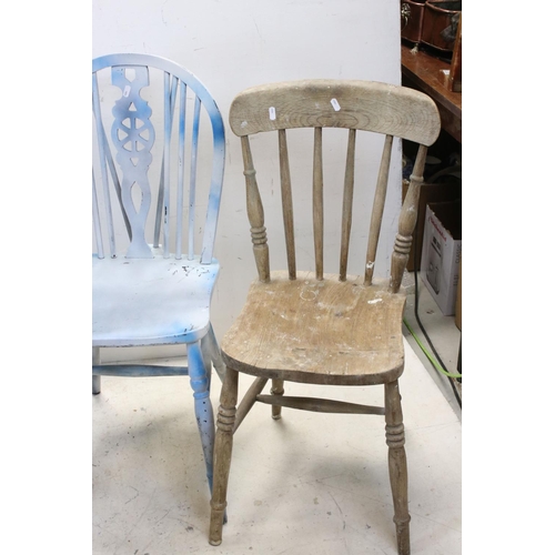 759 - Set of Four Blue Painted Wheel Back Dining Chairs together with Two 19th century Kitchen Chairs