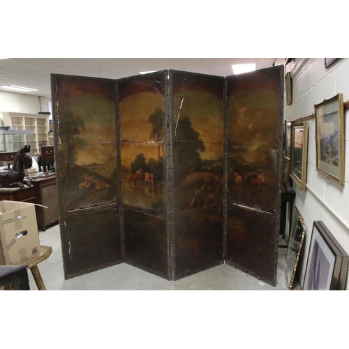 761 - Large Late 19th / Early 20th century Four Fold Screen with brass studded frames and faux leather pan... 