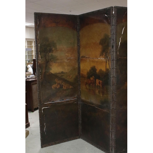 761 - Large Late 19th / Early 20th century Four Fold Screen with brass studded frames and faux leather pan... 