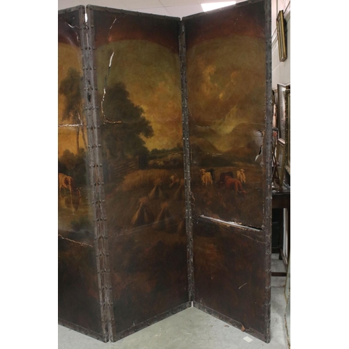 761 - Large Late 19th / Early 20th century Four Fold Screen with brass studded frames and faux leather pan... 