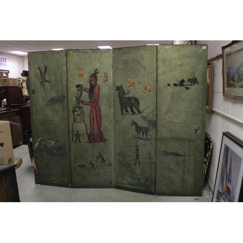 762 - Early 20th century Four Fold Screen, the faux leather panels decorated with mythical figures and ani... 