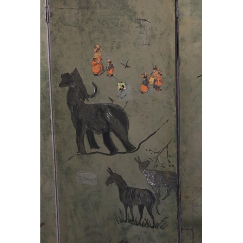 762 - Early 20th century Four Fold Screen, the faux leather panels decorated with mythical figures and ani... 