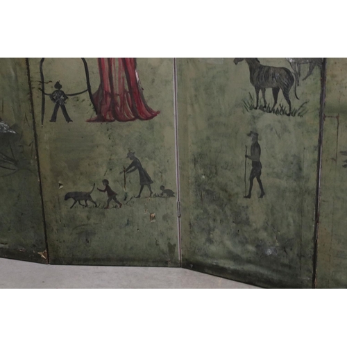 762 - Early 20th century Four Fold Screen, the faux leather panels decorated with mythical figures and ani... 