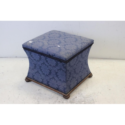 773 - Victorian style Blue Upholstered Square Ottoman Stool, raised on squat bun feet, 54cms wide x 45cms ... 