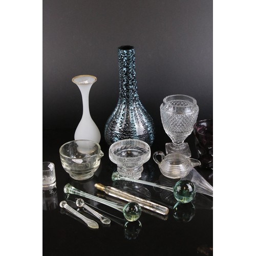 66 - A box of vintage glassware to include baseless spirit glasses and vases. Part of an extensive collec... 