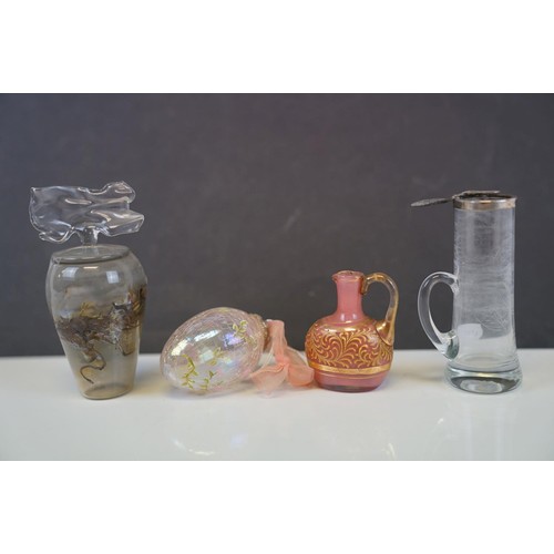 177 - Four glass items to include small jug pink ground with gilt decoration an art glass lidded vase sign... 