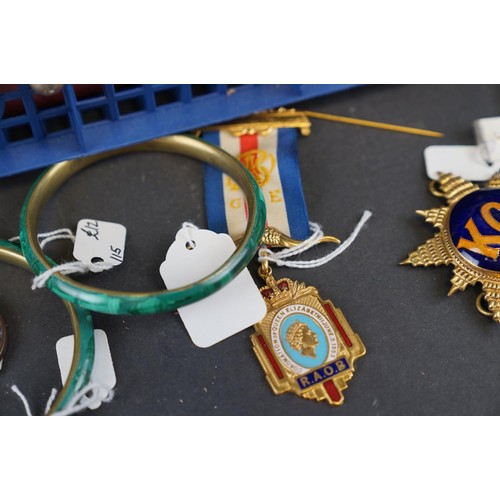 327 - A quantity of Masons & RAOB items to include medals together with a pair of Malachite and brass bang... 