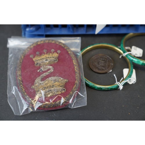 327 - A quantity of Masons & RAOB items to include medals together with a pair of Malachite and brass bang... 