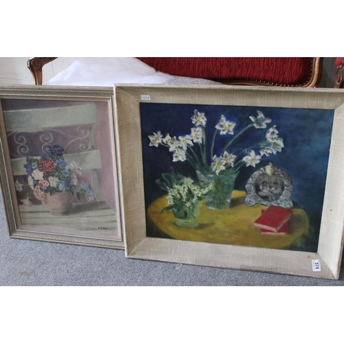 378 - A mid 20th century oil on canvas still life of flowers and one other similar oil on board.