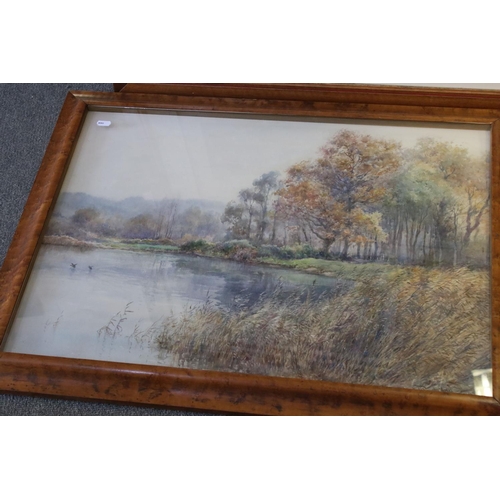 382 - Charles W Rowbotham large early 20th century watercolour rural river or lake scene with ducks signed... 