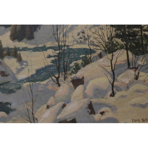 384 - Tom Stone mid 20th century oil on board, Winter snow scene signed, titled verso Snowy Bank Caledon H... 