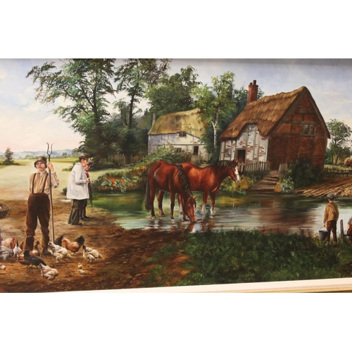 386 - Large oil on canvas rural scene with figures and horses, signed Dorothea Hyde, approx. 49 x 100 cm.