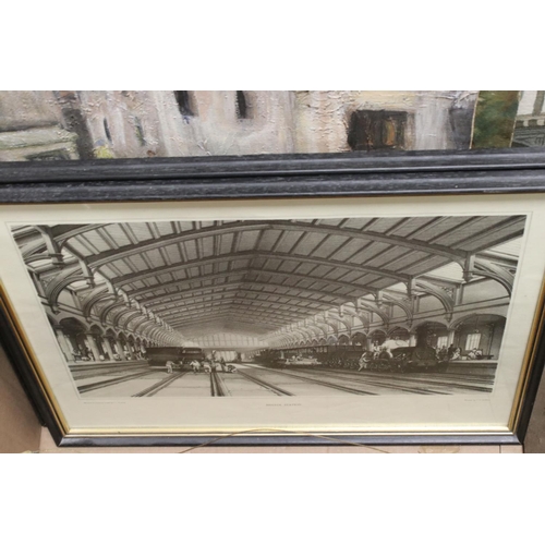 389 - A quantity of paintings and prints to include GWR prints portraits street scenes etc.