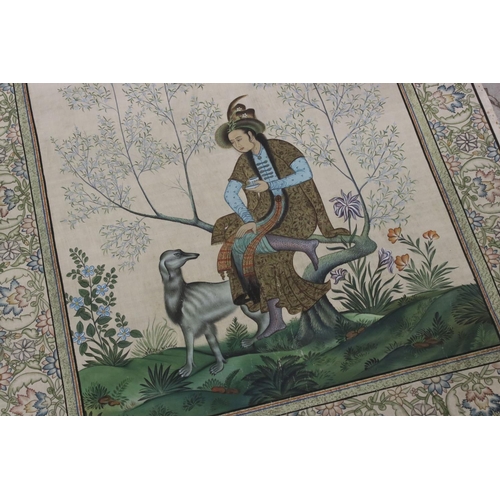 525 - A large hand painted oriental silk panel with decorative floral border.