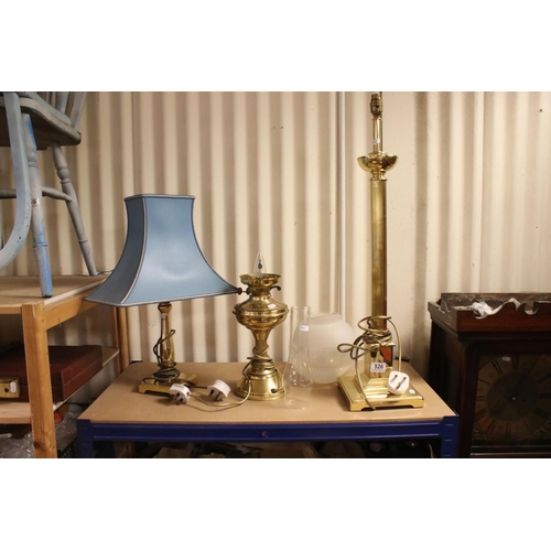 526 - Three brass table lamps to include a large Corinthian column example.